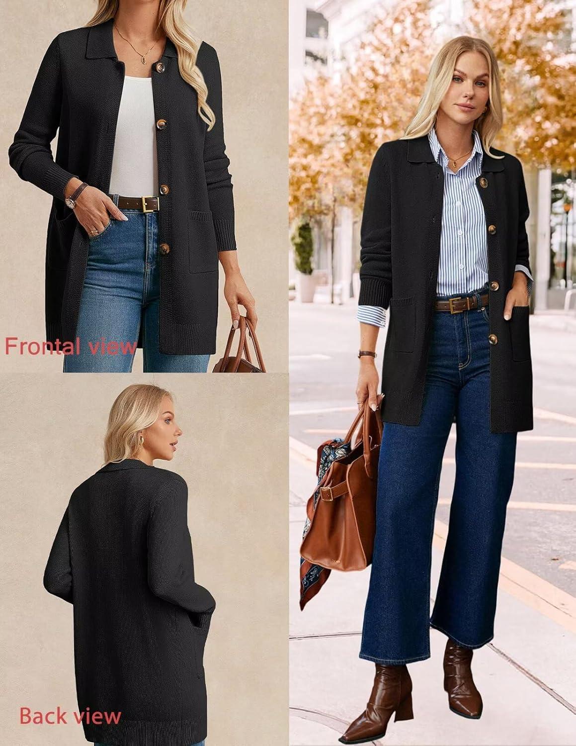 imageGRACE KARIN Womens Fall Long Cardigan Sweaters with Pockets Button Knit Blazer Trendy Open Front Dressy Casual JacketBlack