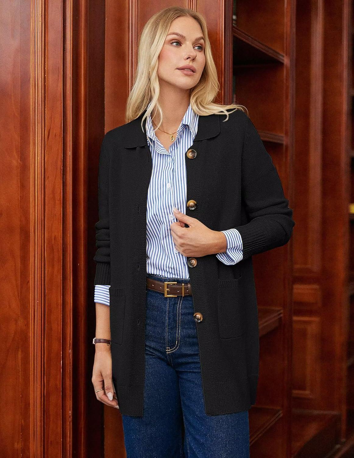 imageGRACE KARIN Womens Fall Long Cardigan Sweaters with Pockets Button Knit Blazer Trendy Open Front Dressy Casual JacketBlack