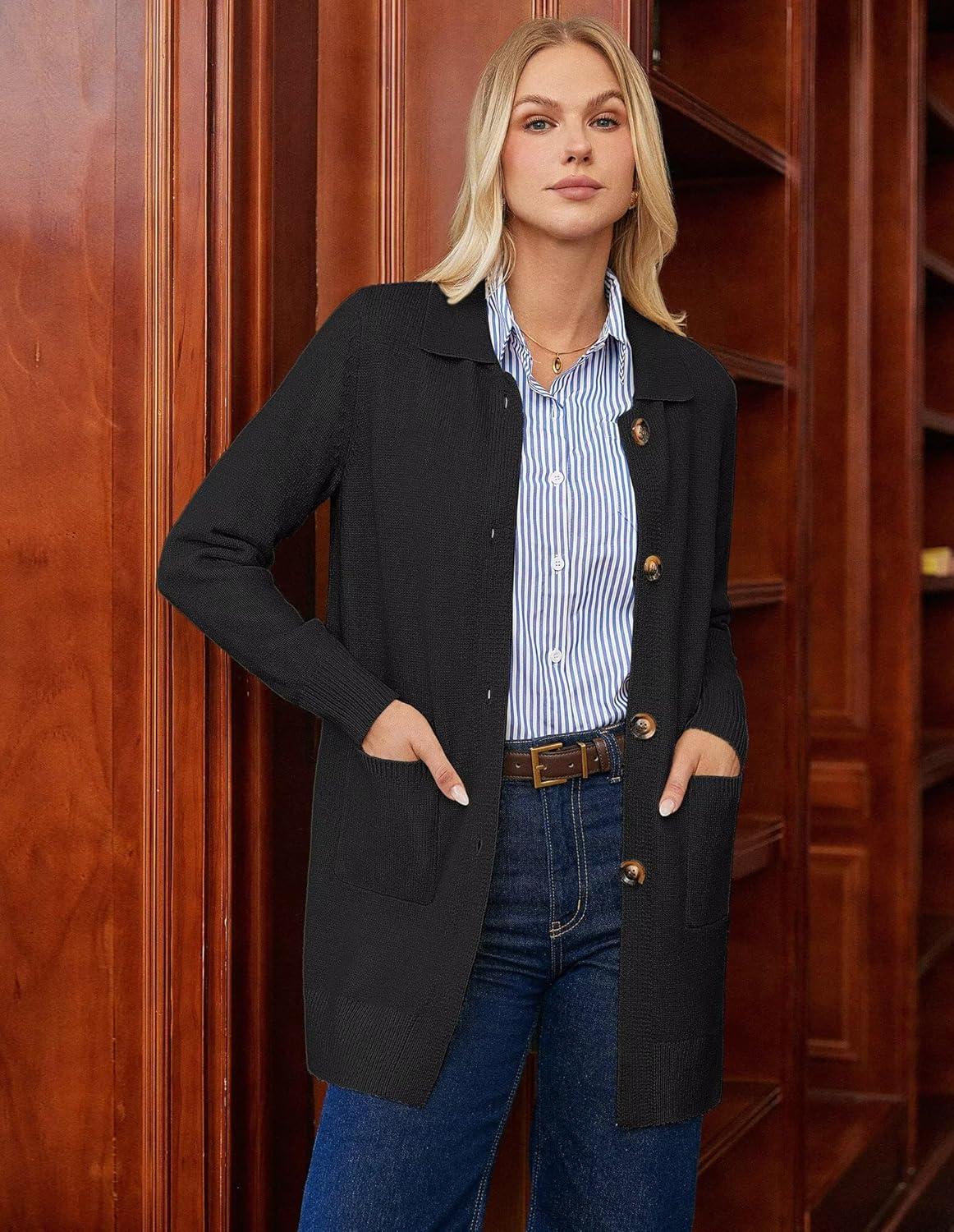 imageGRACE KARIN Womens Fall Long Cardigan Sweaters with Pockets Button Knit Blazer Trendy Open Front Dressy Casual JacketBlack
