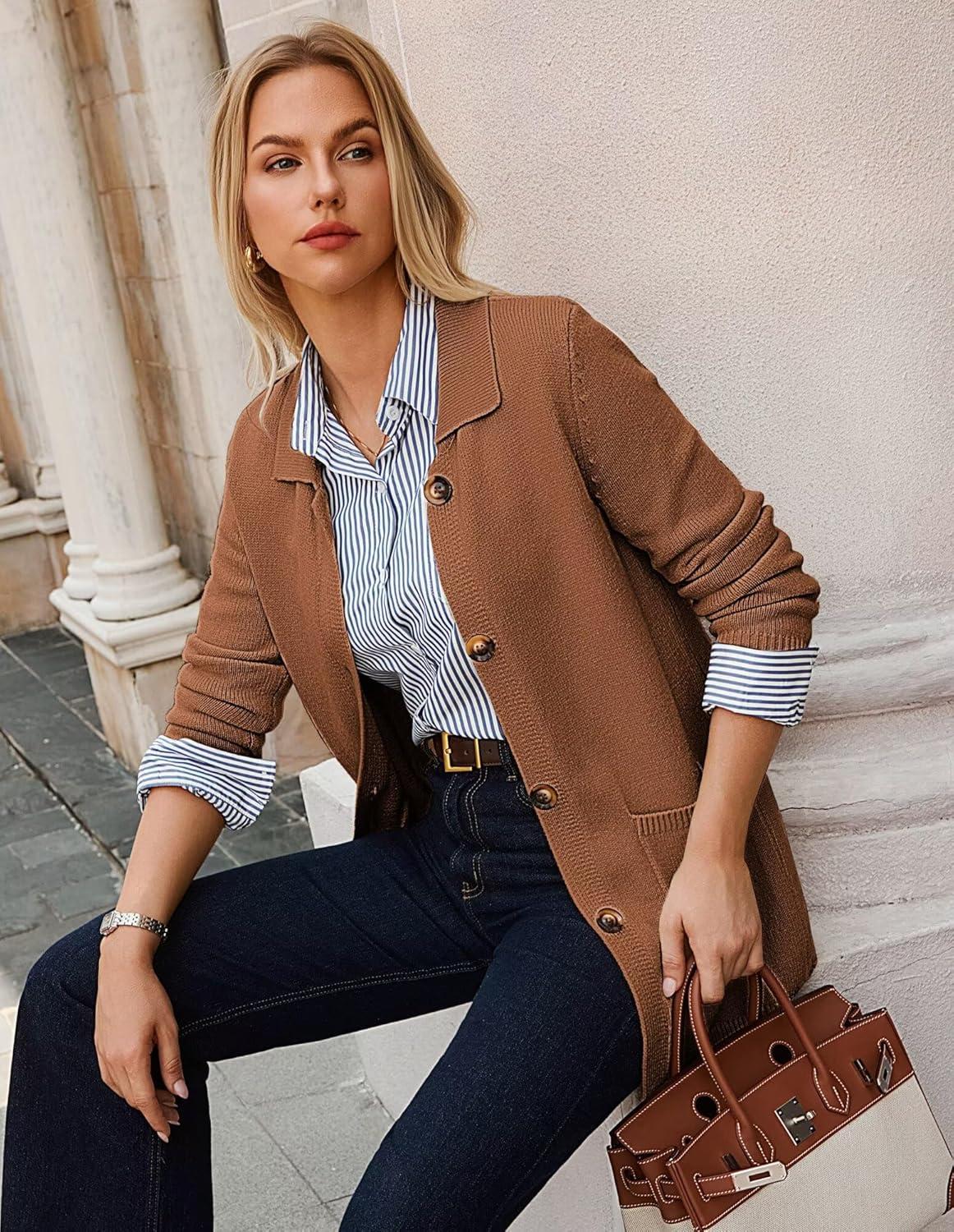 imageGRACE KARIN Womens Fall Long Cardigan Sweaters with Pockets Button Knit Blazer Trendy Open Front Dressy Casual JacketCaramel