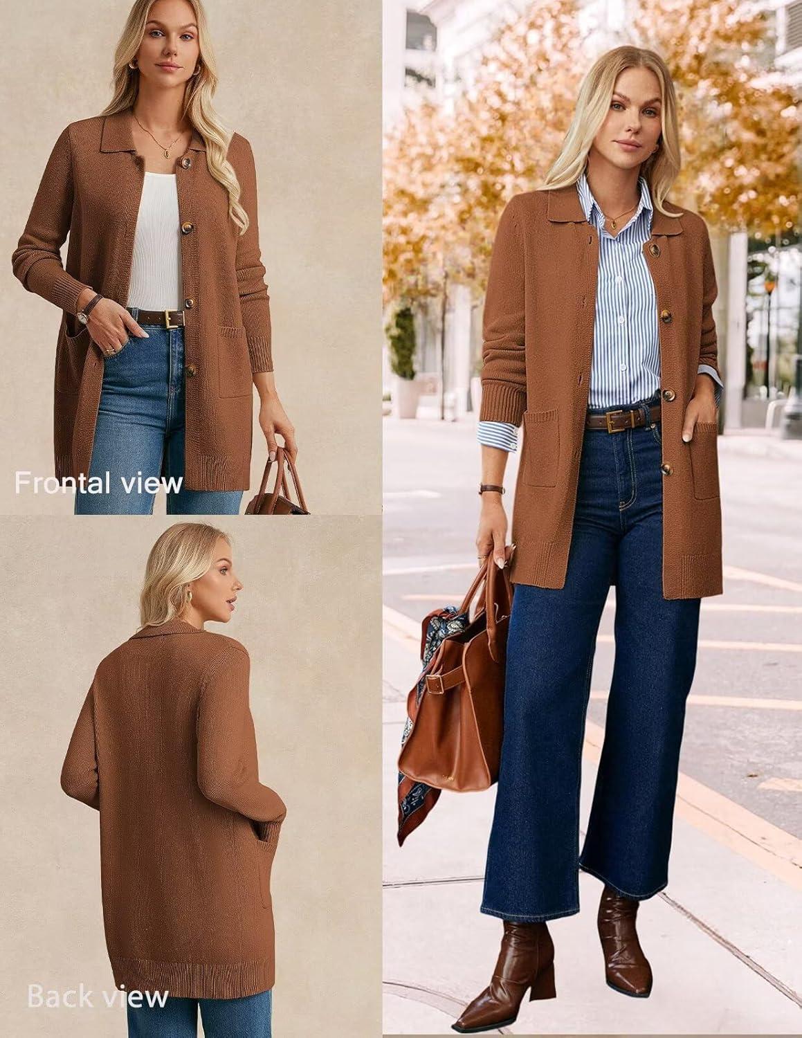 imageGRACE KARIN Womens Fall Long Cardigan Sweaters with Pockets Button Knit Blazer Trendy Open Front Dressy Casual JacketCaramel