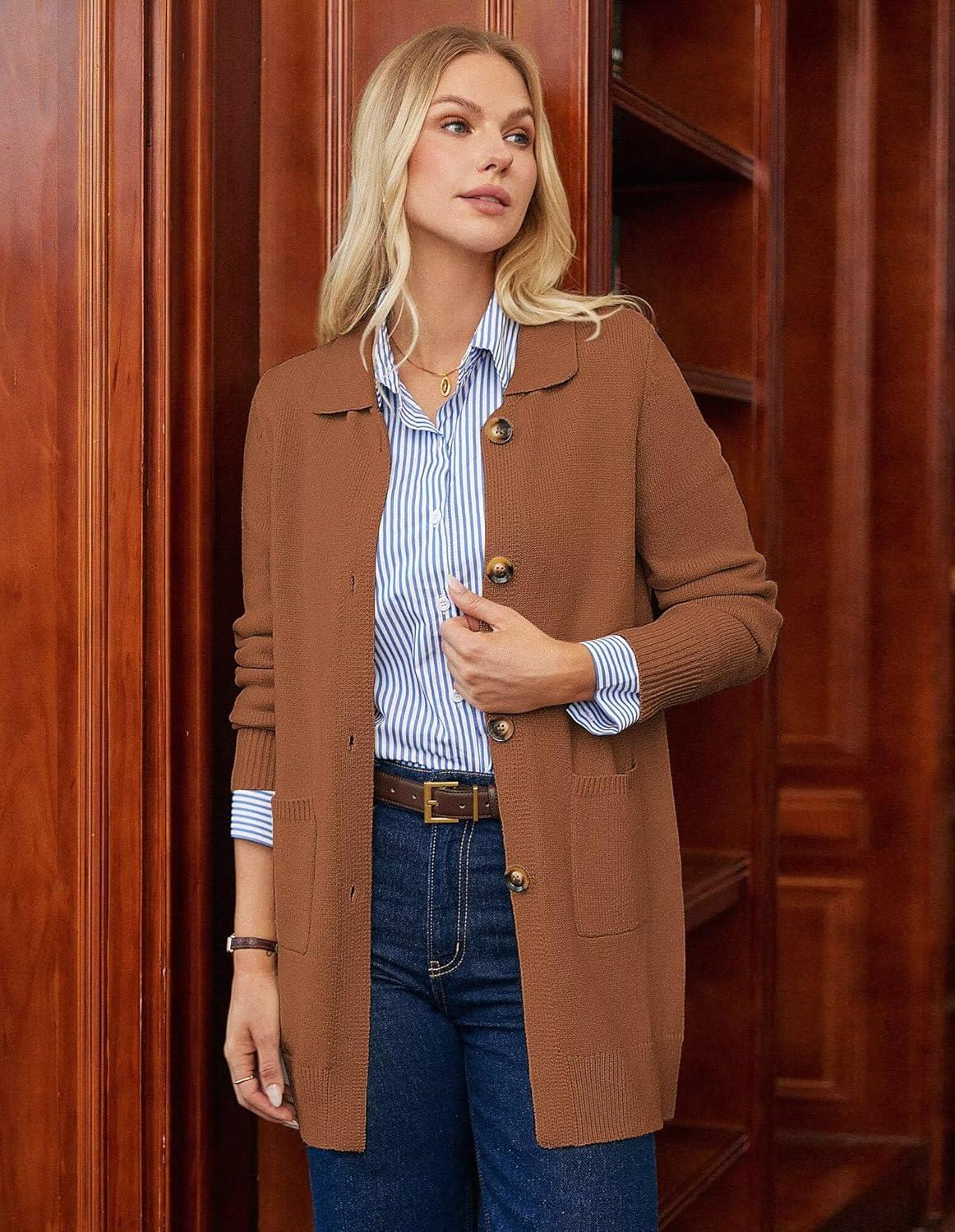 imageGRACE KARIN Womens Fall Long Cardigan Sweaters with Pockets Button Knit Blazer Trendy Open Front Dressy Casual JacketCaramel