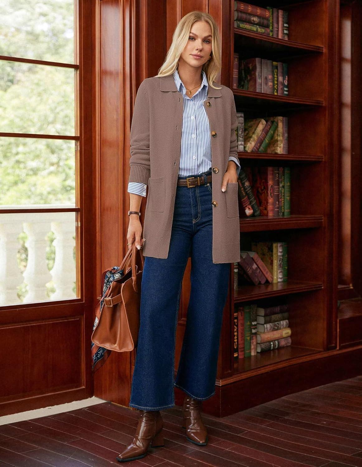 imageGRACE KARIN Womens Fall Long Cardigan Sweaters with Pockets Button Knit Blazer Trendy Open Front Dressy Casual JacketDark Camel