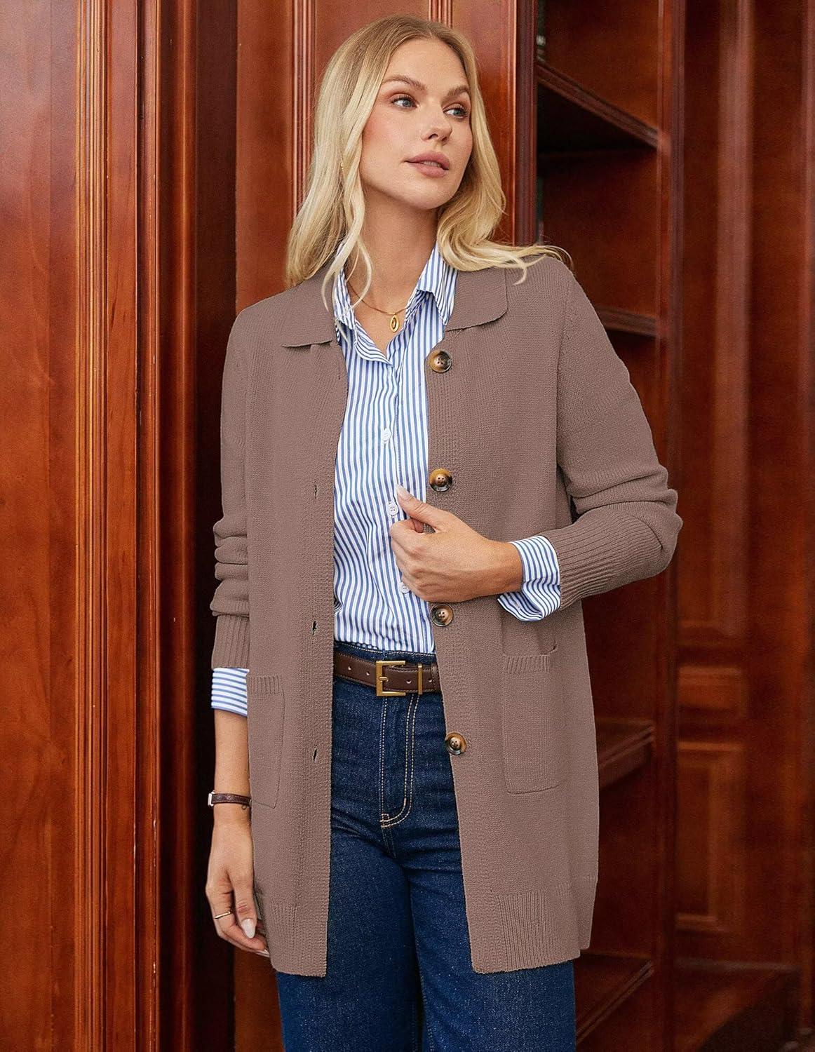 imageGRACE KARIN Womens Fall Long Cardigan Sweaters with Pockets Button Knit Blazer Trendy Open Front Dressy Casual JacketDark Camel