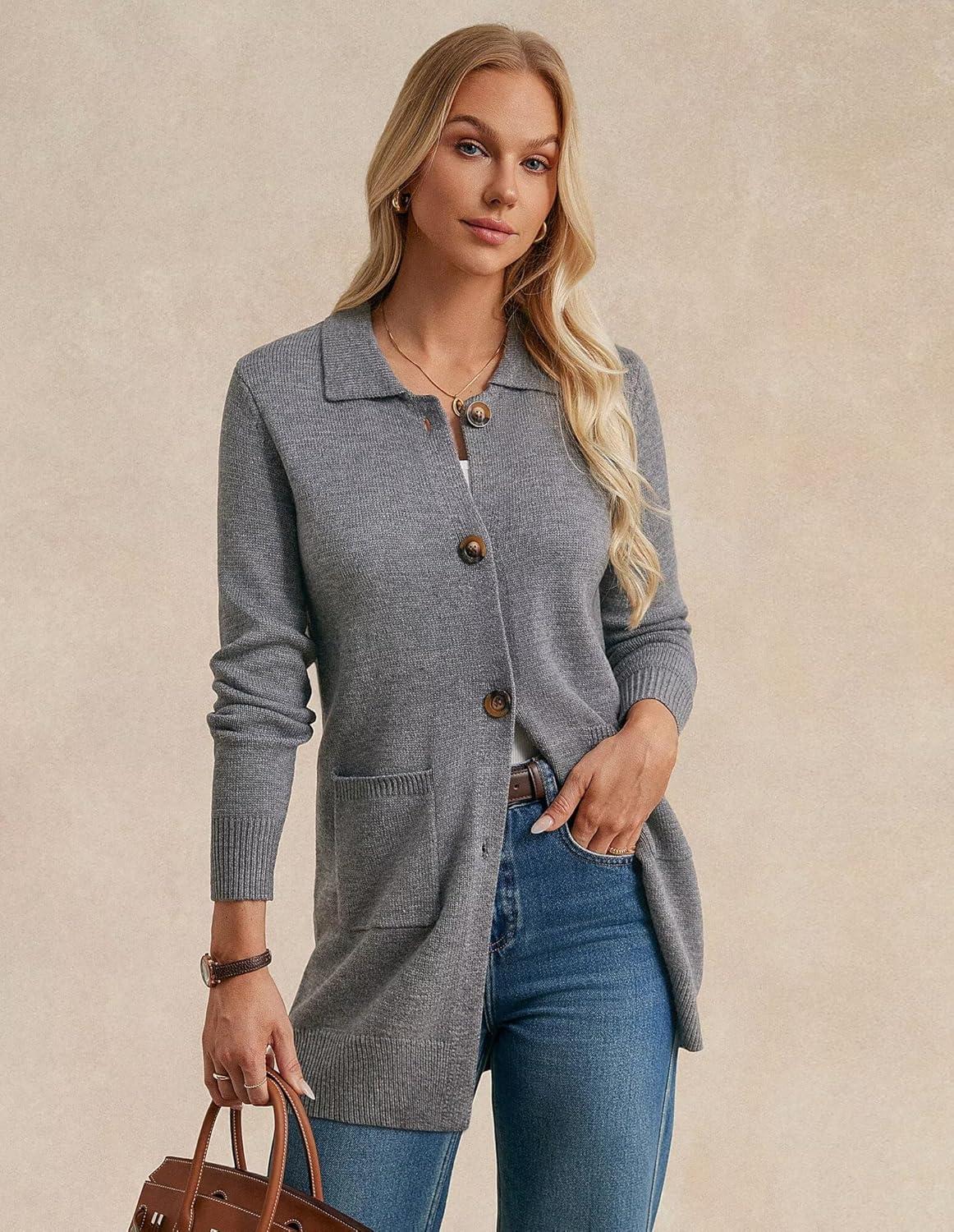 imageGRACE KARIN Womens Fall Long Cardigan Sweaters with Pockets Button Knit Blazer Trendy Open Front Dressy Casual JacketGray