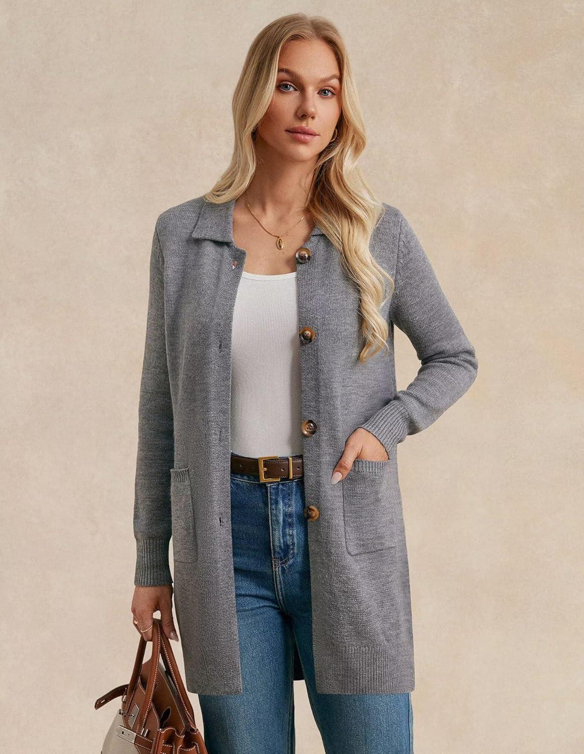 imageGRACE KARIN Womens Fall Long Cardigan Sweaters with Pockets Button Knit Blazer Trendy Open Front Dressy Casual JacketGray