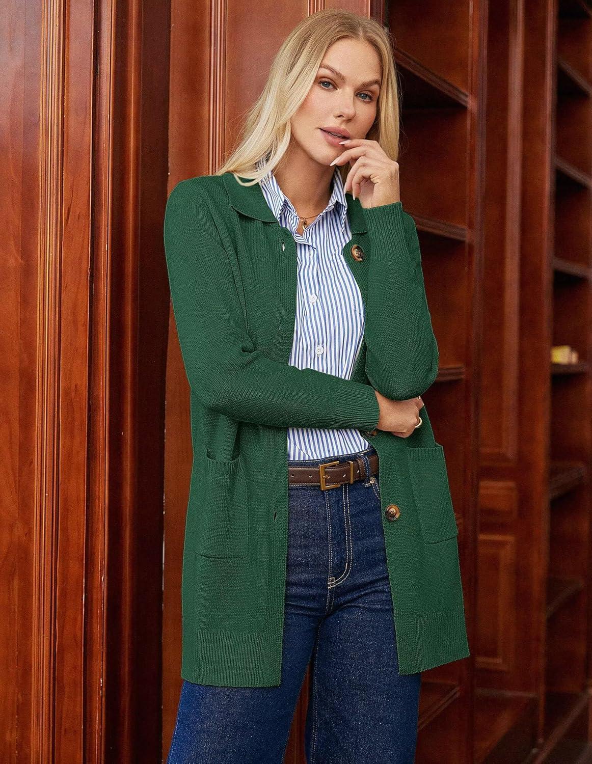 imageGRACE KARIN Womens Fall Long Cardigan Sweaters with Pockets Button Knit Blazer Trendy Open Front Dressy Casual JacketGreen