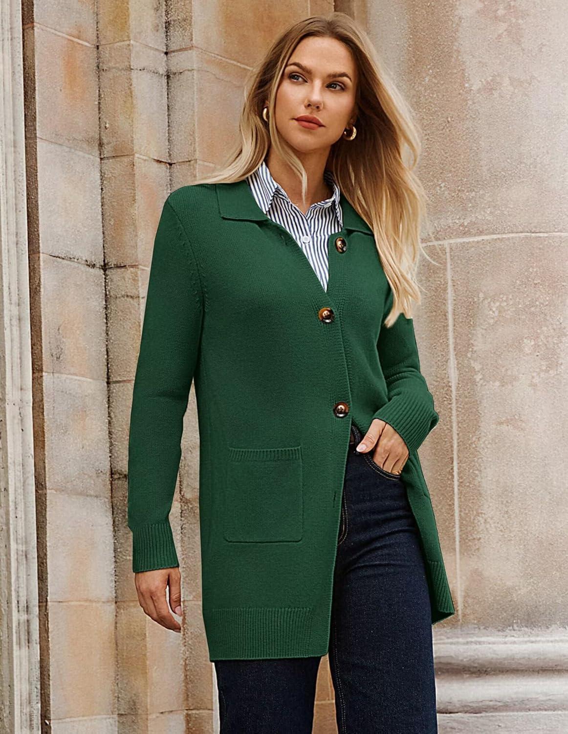 imageGRACE KARIN Womens Fall Long Cardigan Sweaters with Pockets Button Knit Blazer Trendy Open Front Dressy Casual JacketGreen