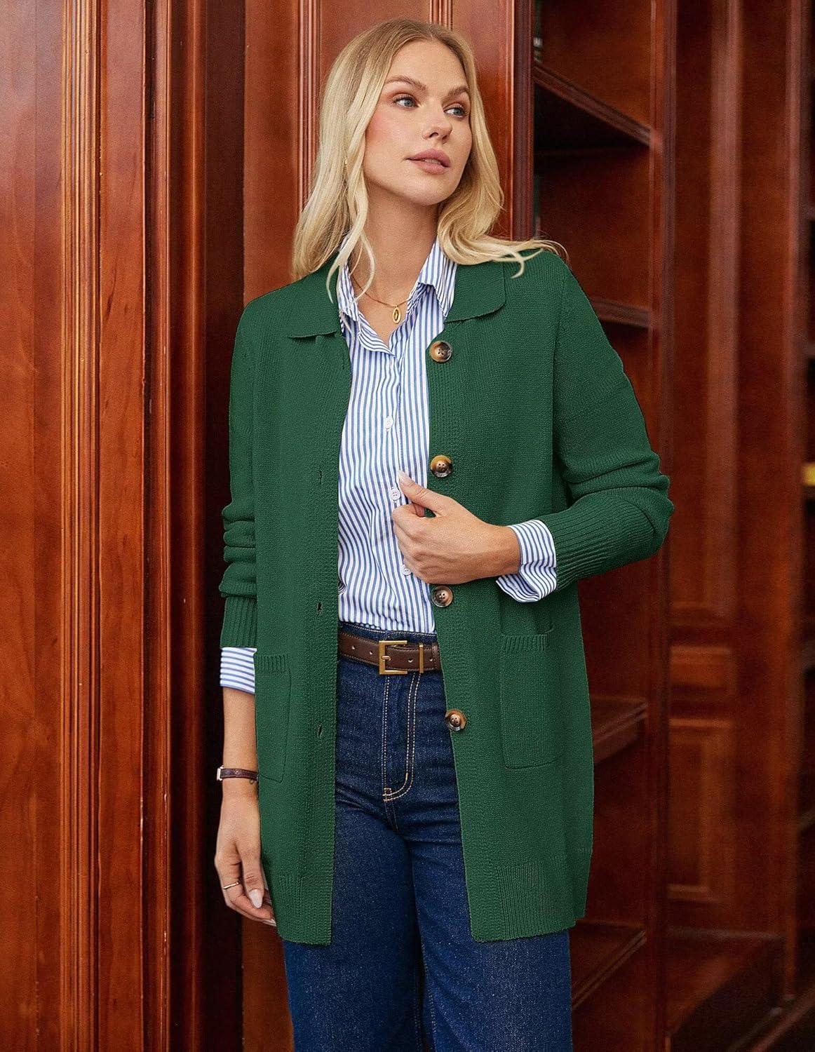 imageGRACE KARIN Womens Fall Long Cardigan Sweaters with Pockets Button Knit Blazer Trendy Open Front Dressy Casual JacketGreen