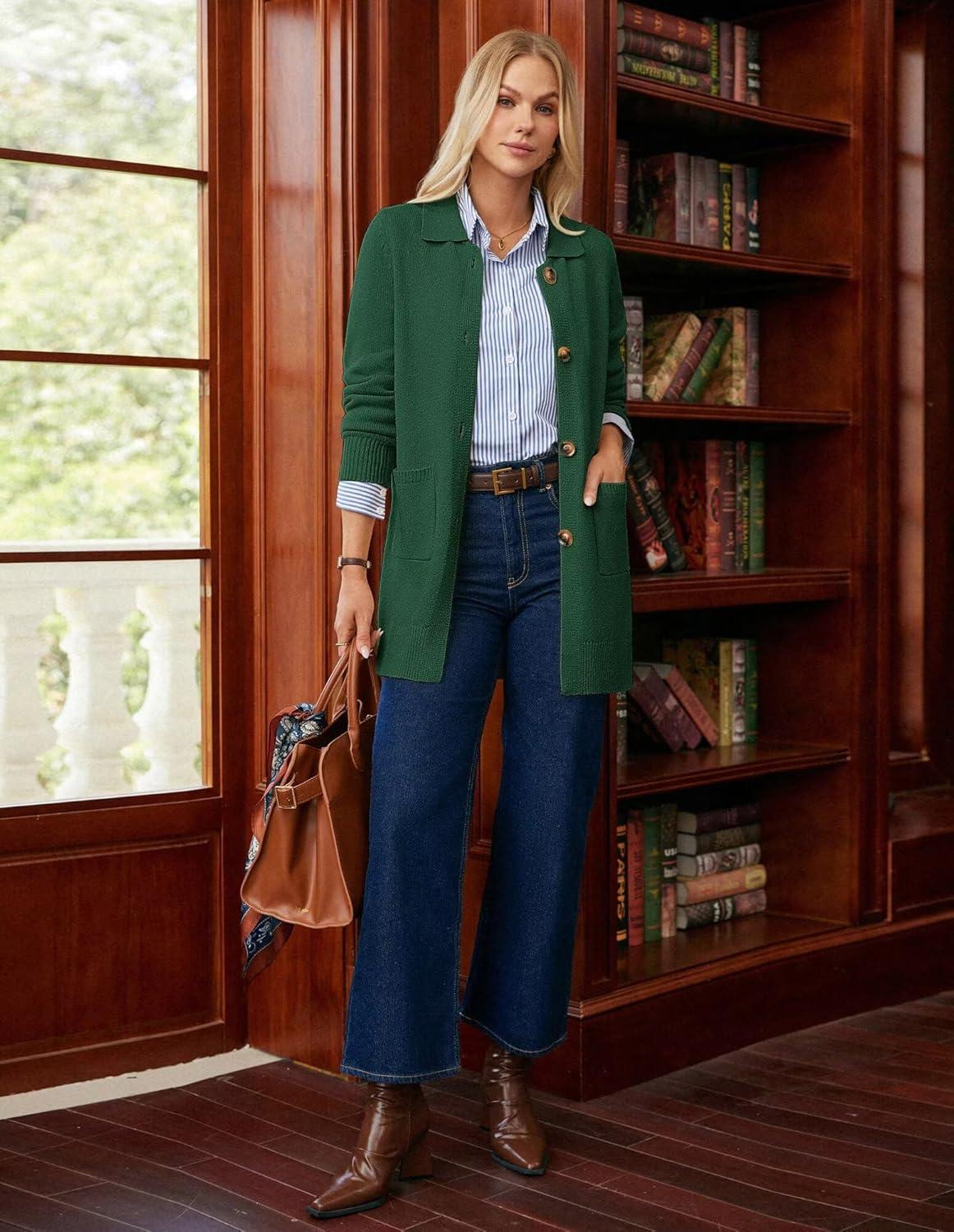 imageGRACE KARIN Womens Fall Long Cardigan Sweaters with Pockets Button Knit Blazer Trendy Open Front Dressy Casual JacketGreen