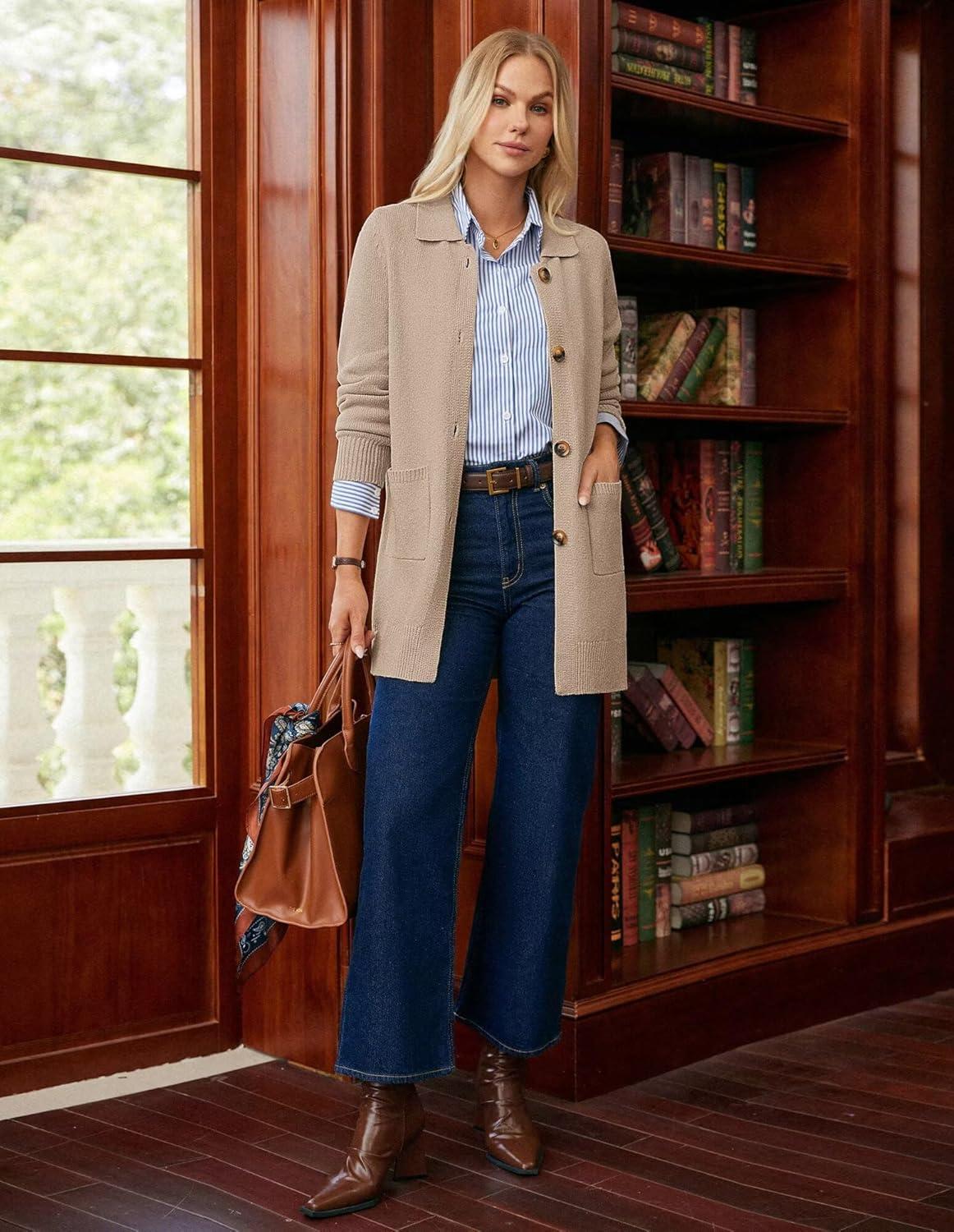 imageGRACE KARIN Womens Fall Long Cardigan Sweaters with Pockets Button Knit Blazer Trendy Open Front Dressy Casual JacketKhaki