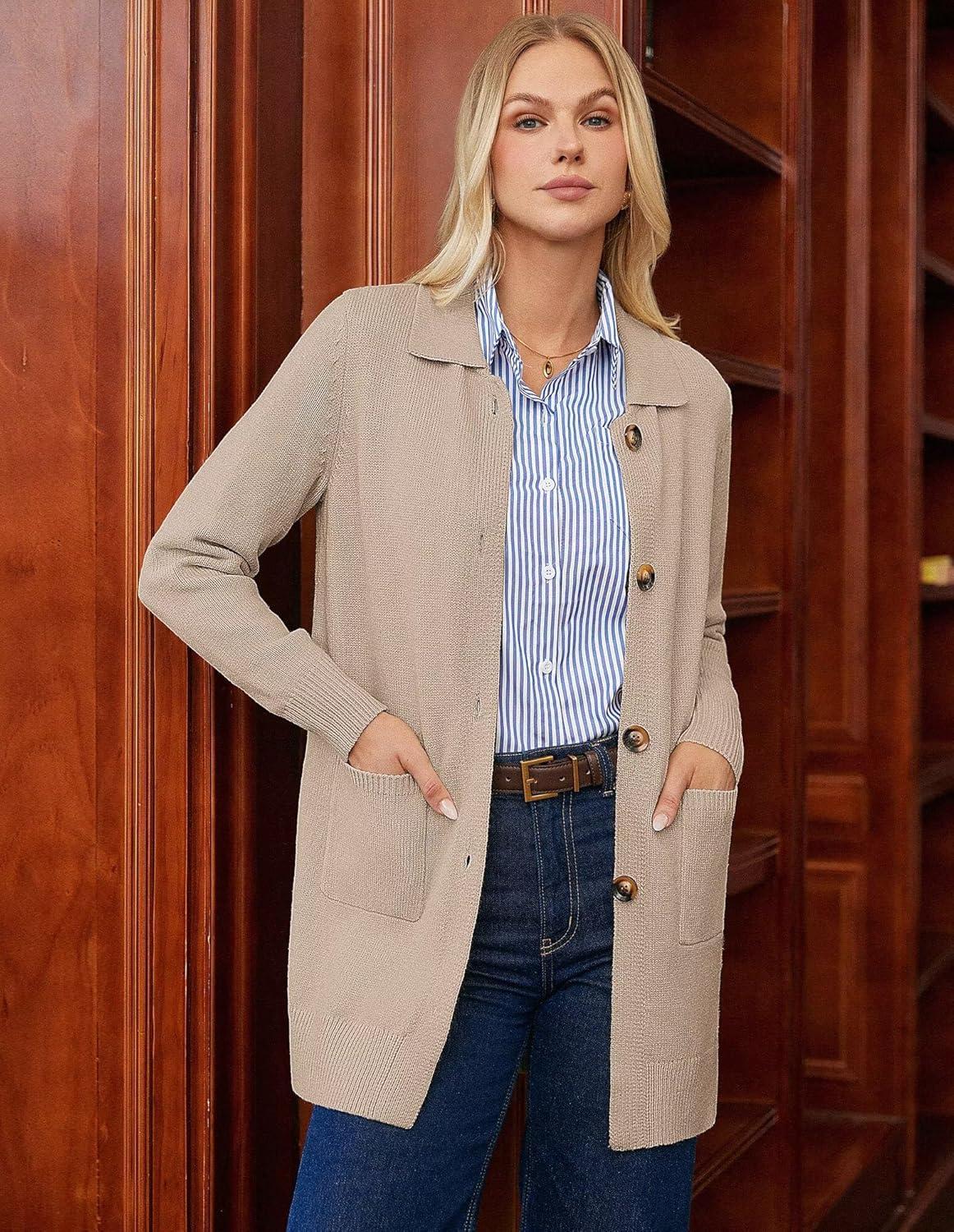 imageGRACE KARIN Womens Fall Long Cardigan Sweaters with Pockets Button Knit Blazer Trendy Open Front Dressy Casual JacketKhaki