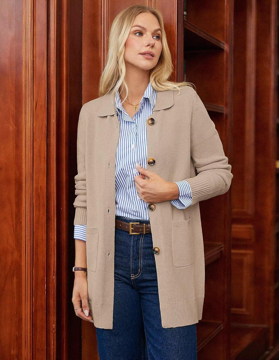 imageGRACE KARIN Womens Fall Long Cardigan Sweaters with Pockets Button Knit Blazer Trendy Open Front Dressy Casual JacketKhaki