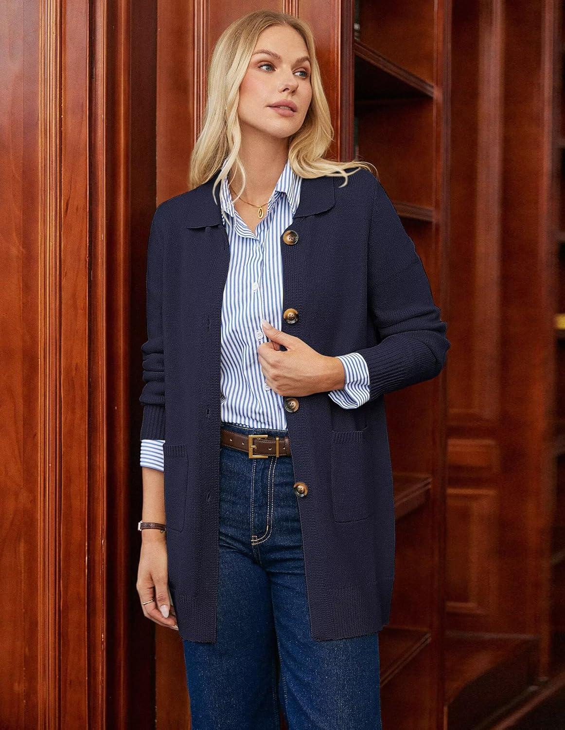 imageGRACE KARIN Womens Fall Long Cardigan Sweaters with Pockets Button Knit Blazer Trendy Open Front Dressy Casual JacketNavy Blue