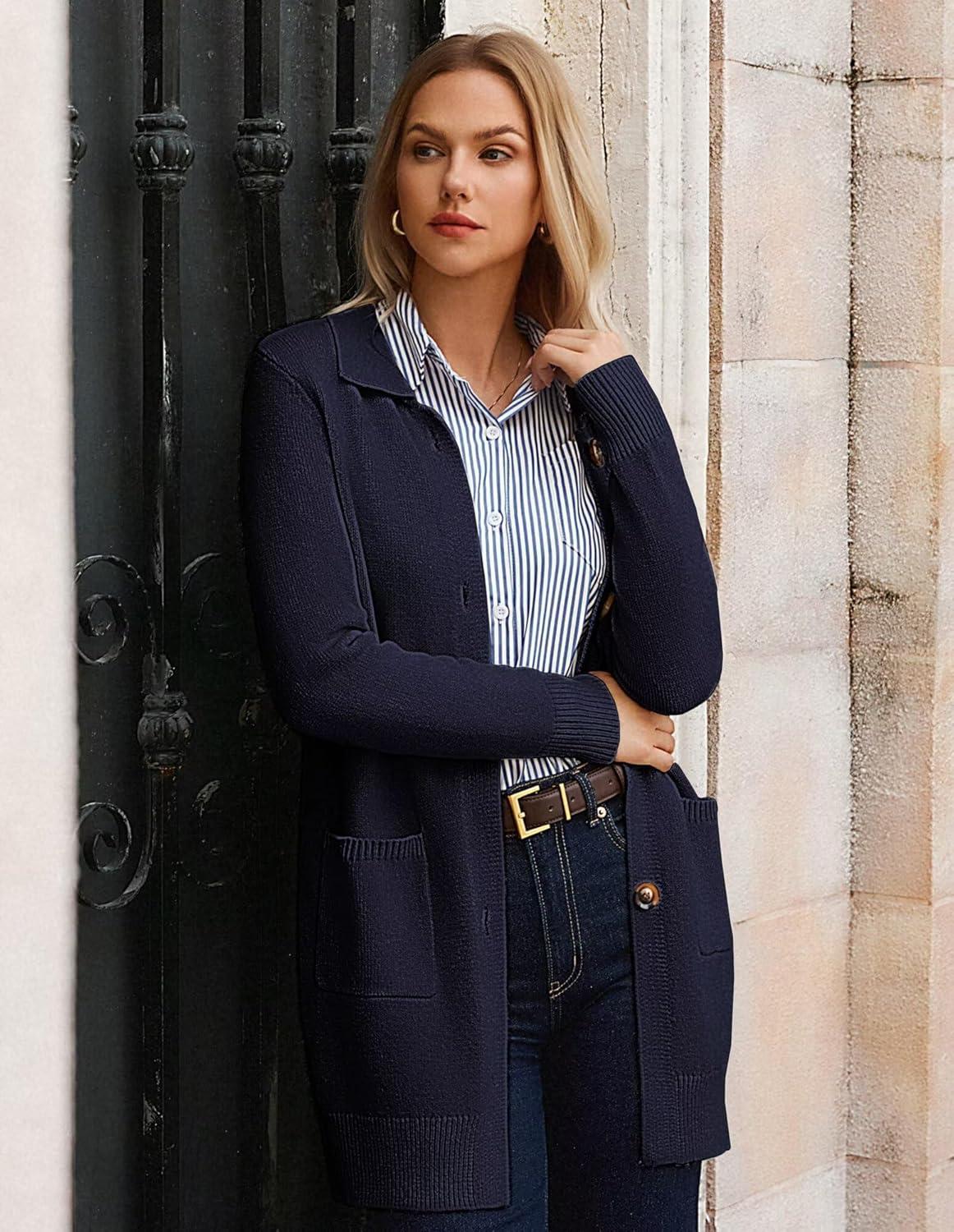 imageGRACE KARIN Womens Fall Long Cardigan Sweaters with Pockets Button Knit Blazer Trendy Open Front Dressy Casual JacketNavy Blue