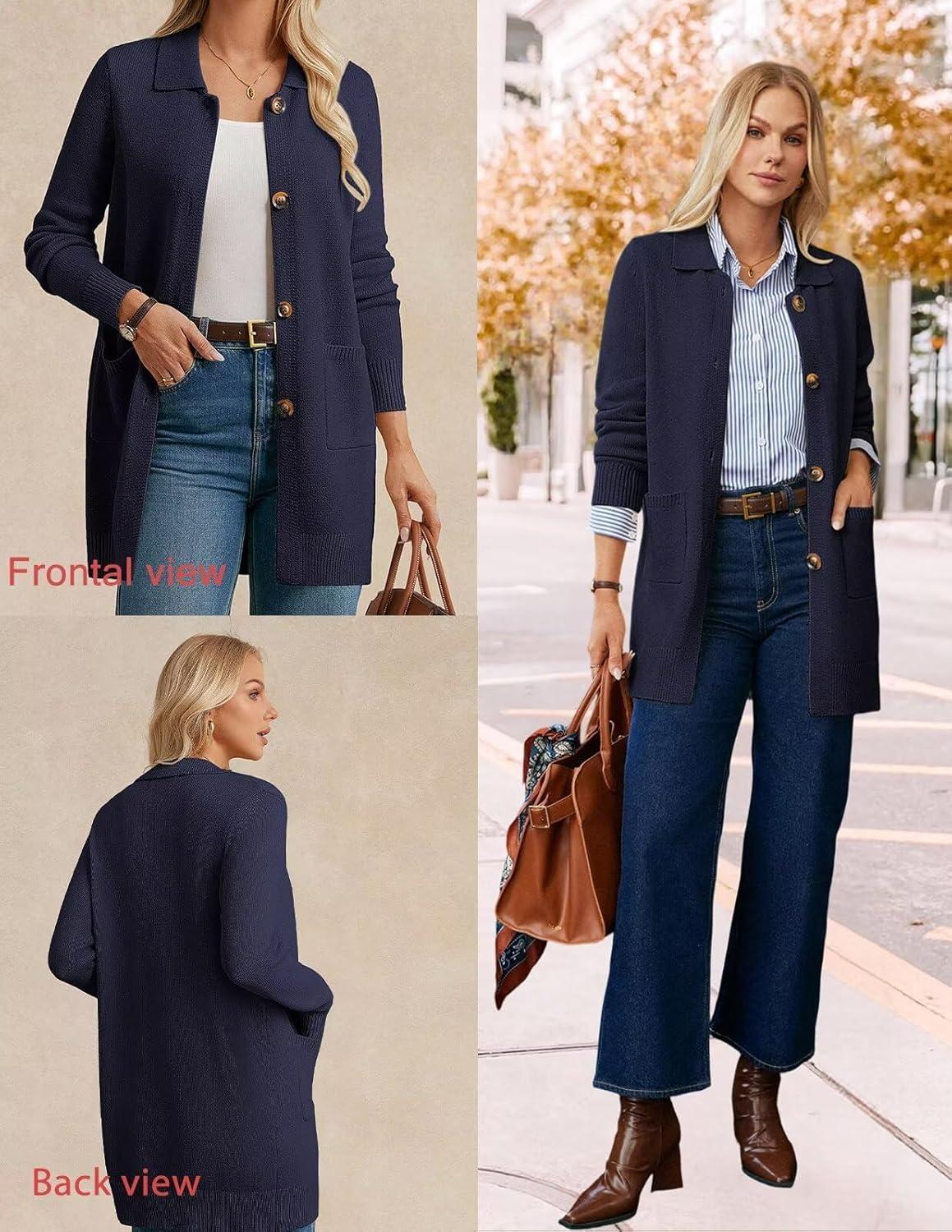 imageGRACE KARIN Womens Fall Long Cardigan Sweaters with Pockets Button Knit Blazer Trendy Open Front Dressy Casual JacketNavy Blue