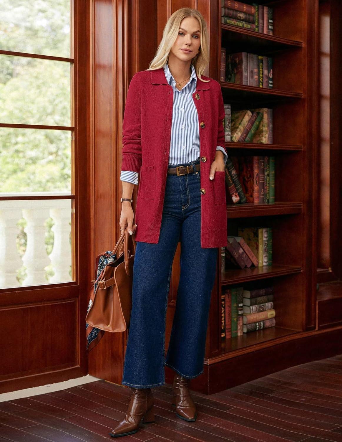 imageGRACE KARIN Womens Fall Long Cardigan Sweaters with Pockets Button Knit Blazer Trendy Open Front Dressy Casual JacketRed