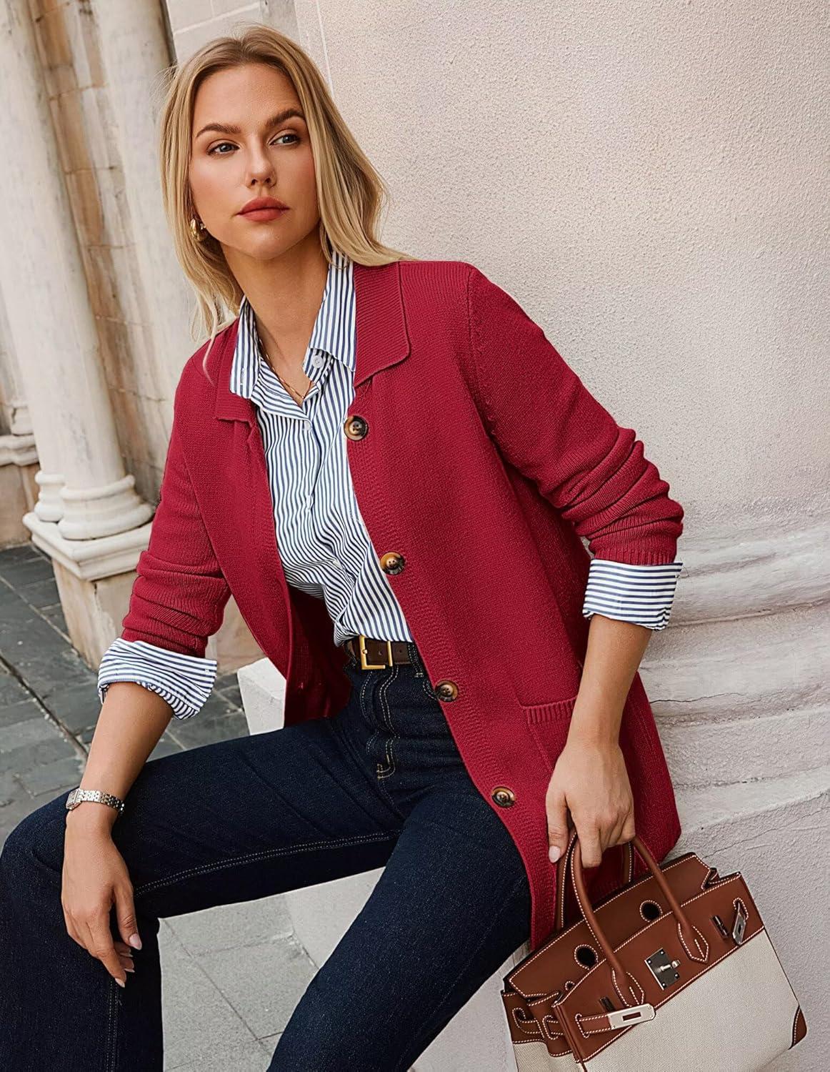 imageGRACE KARIN Womens Fall Long Cardigan Sweaters with Pockets Button Knit Blazer Trendy Open Front Dressy Casual JacketRed