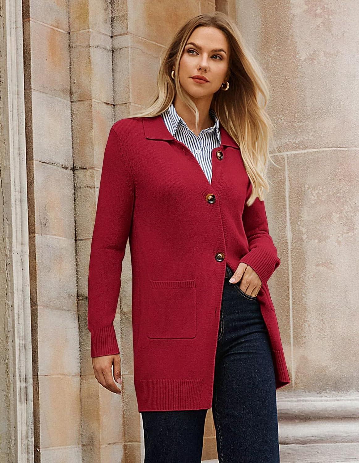imageGRACE KARIN Womens Fall Long Cardigan Sweaters with Pockets Button Knit Blazer Trendy Open Front Dressy Casual JacketRed