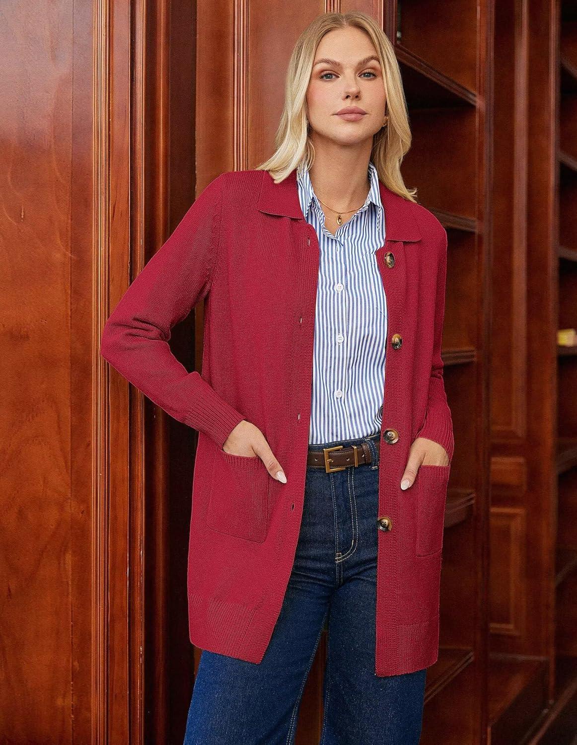 imageGRACE KARIN Womens Fall Long Cardigan Sweaters with Pockets Button Knit Blazer Trendy Open Front Dressy Casual JacketRed