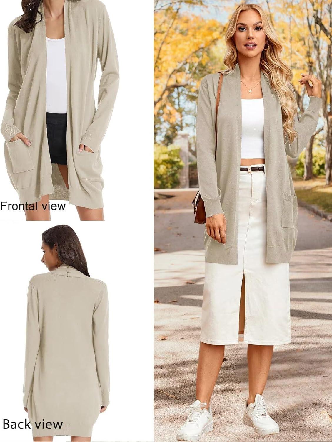 imageGRACE KARIN Womens Long Cardigan Sweater Open Front Classic Knitted Lightweight Sweater Coat with PocketsA Tan