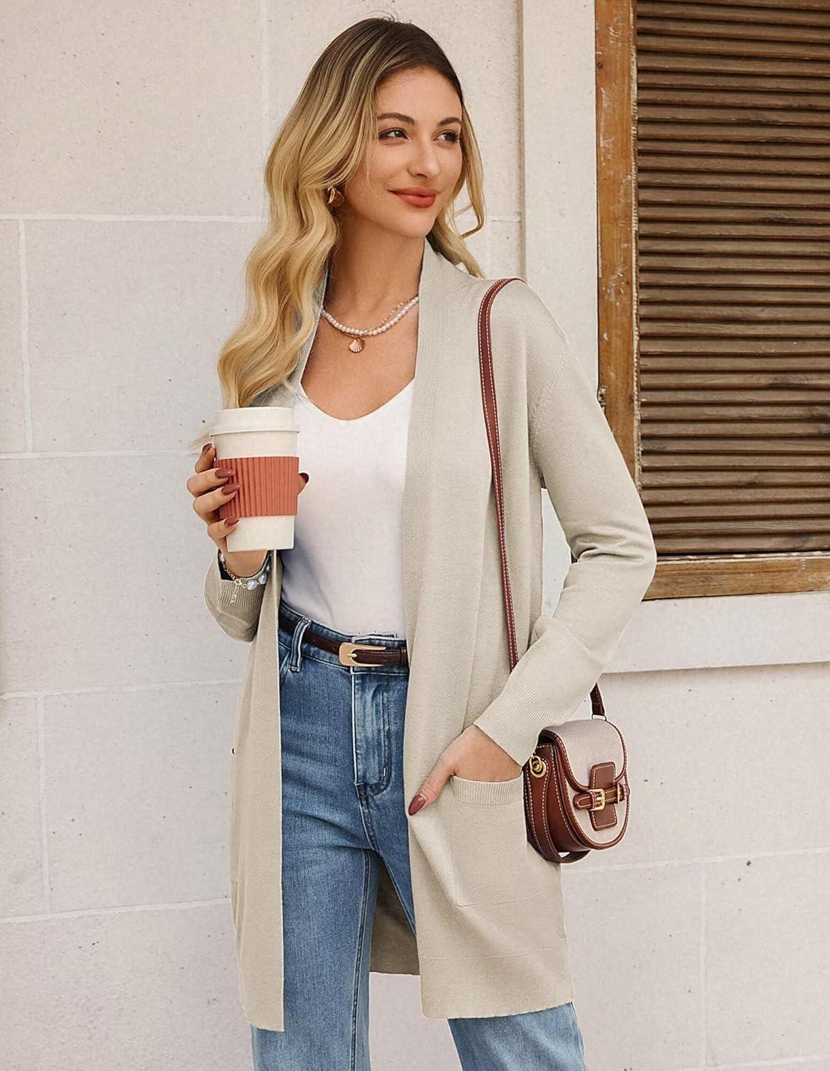 imageGRACE KARIN Womens Long Cardigan Sweater Open Front Classic Knitted Lightweight Sweater Coat with PocketsA Tan