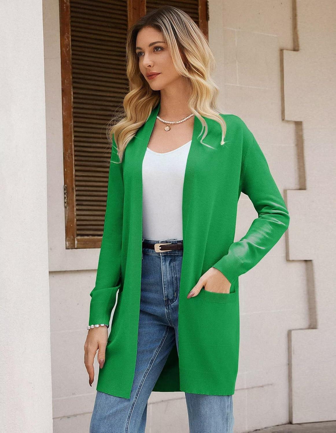imageGRACE KARIN Womens Long Cardigan Sweater Open Front Classic Knitted Lightweight Sweater Coat with PocketsApple Green