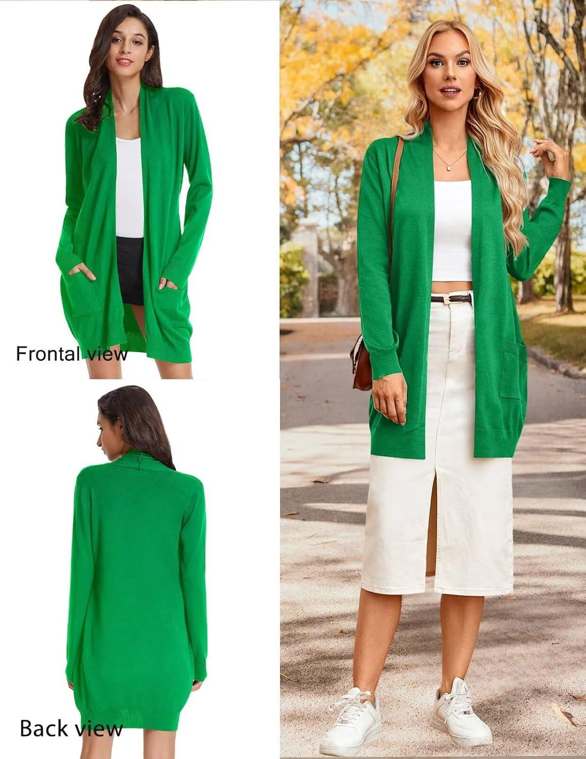 imageGRACE KARIN Womens Long Cardigan Sweater Open Front Classic Knitted Lightweight Sweater Coat with PocketsApple Green