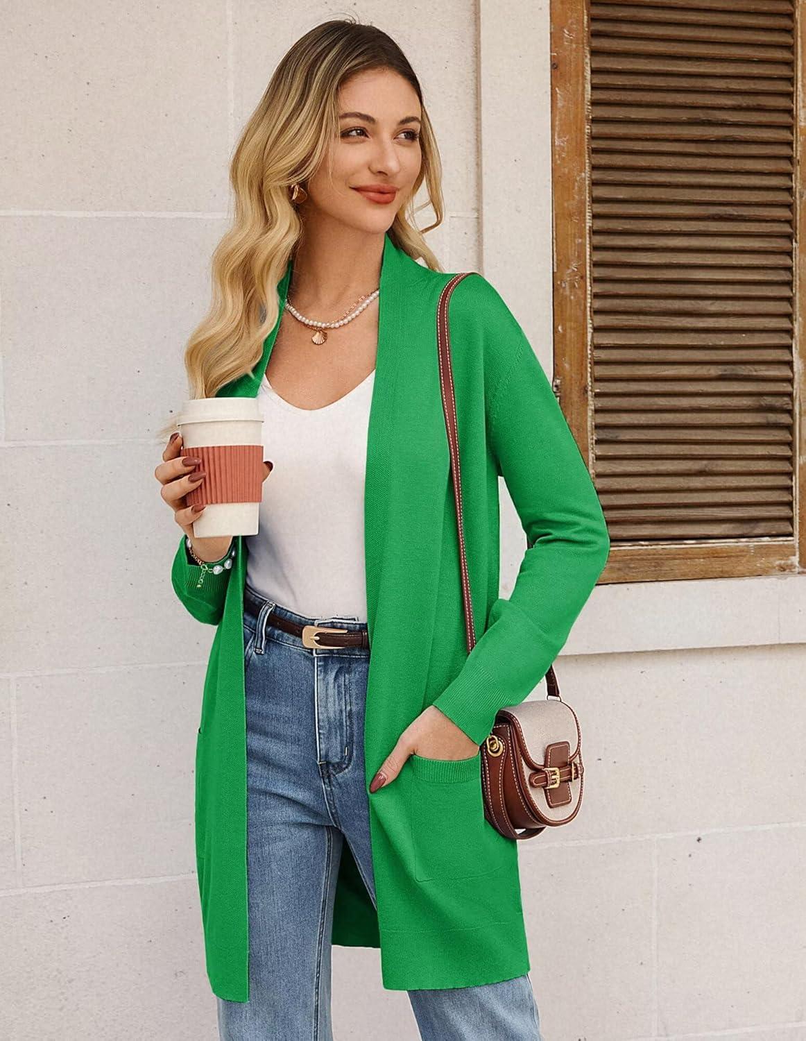 imageGRACE KARIN Womens Long Cardigan Sweater Open Front Classic Knitted Lightweight Sweater Coat with PocketsApple Green