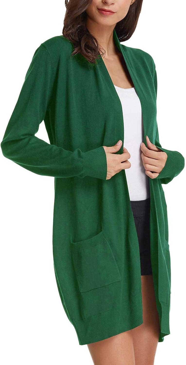 imageGRACE KARIN Womens Long Cardigan Sweater Open Front Classic Knitted Lightweight Sweater Coat with PocketsArmy Olive