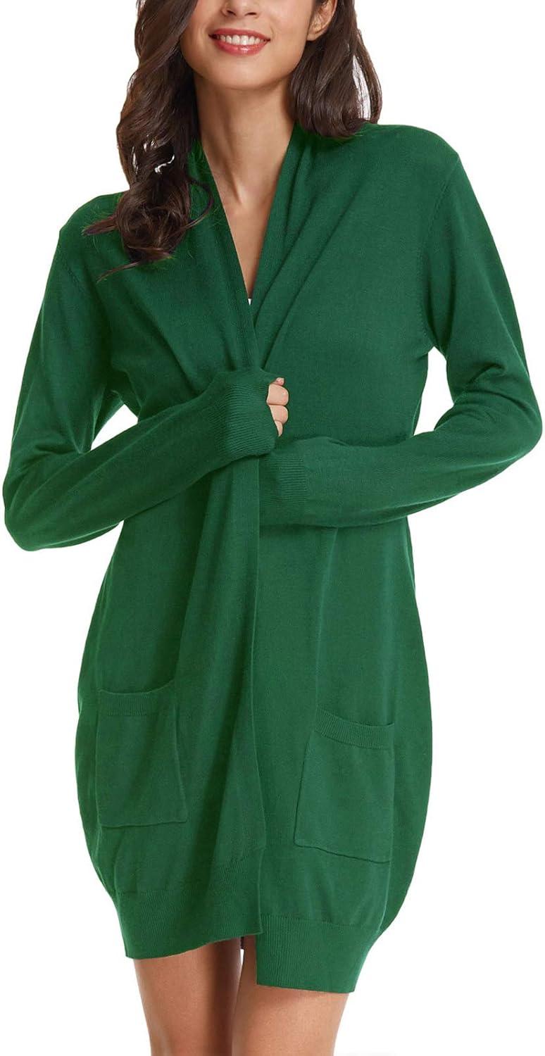imageGRACE KARIN Womens Long Cardigan Sweater Open Front Classic Knitted Lightweight Sweater Coat with PocketsArmy Olive