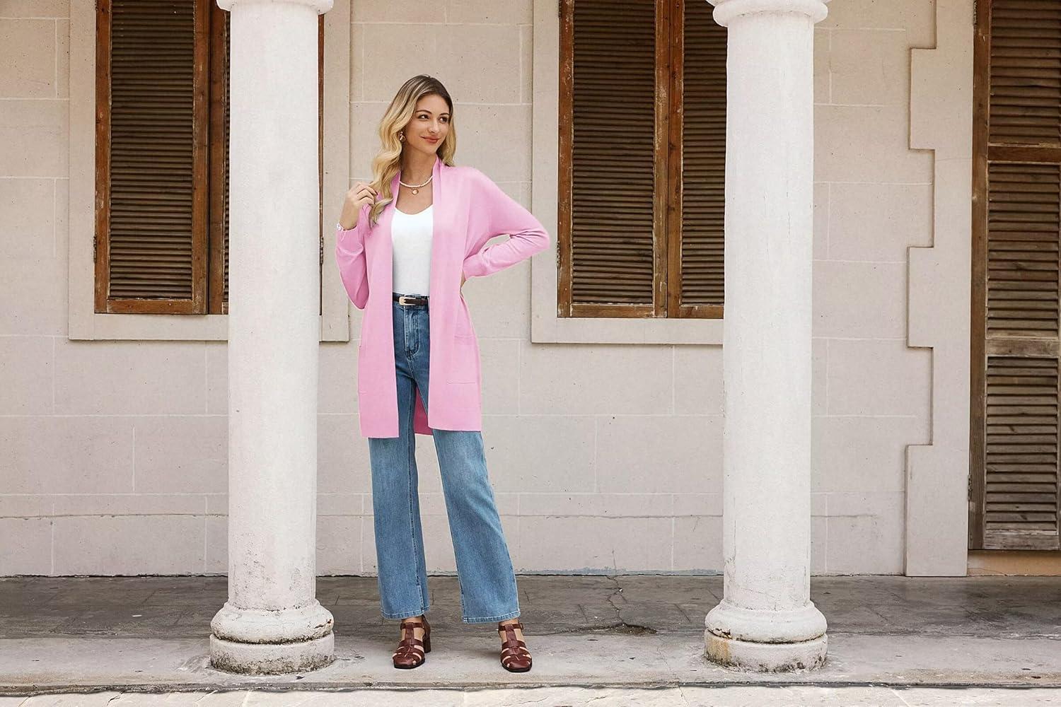 imageGRACE KARIN Womens Long Cardigan Sweater Open Front Classic Knitted Lightweight Sweater Coat with PocketsBaby Pink