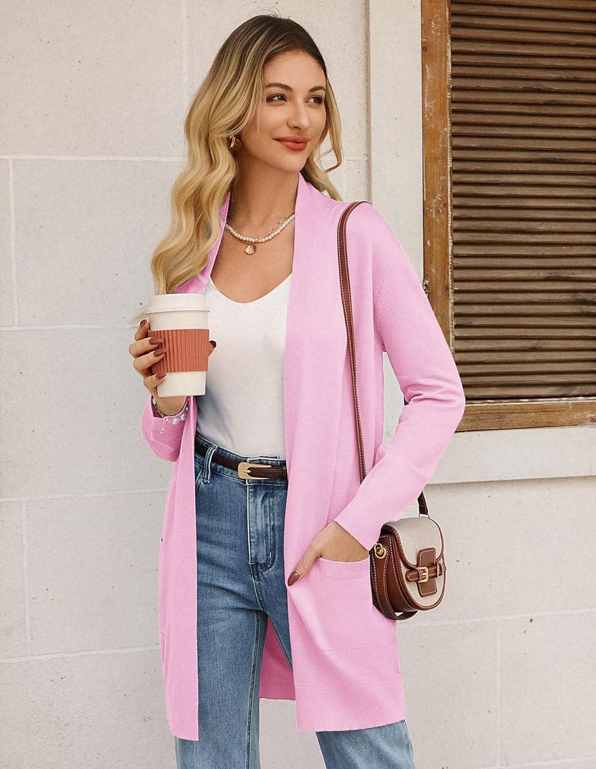 imageGRACE KARIN Womens Long Cardigan Sweater Open Front Classic Knitted Lightweight Sweater Coat with PocketsBaby Pink