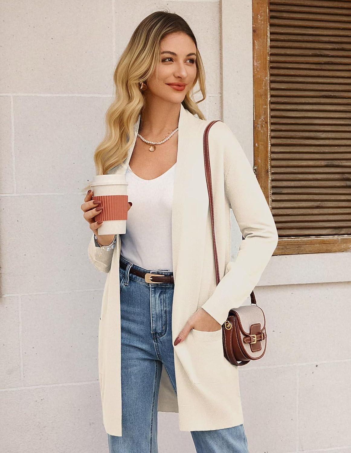 imageGRACE KARIN Womens Long Cardigan Sweater Open Front Classic Knitted Lightweight Sweater Coat with PocketsBeige