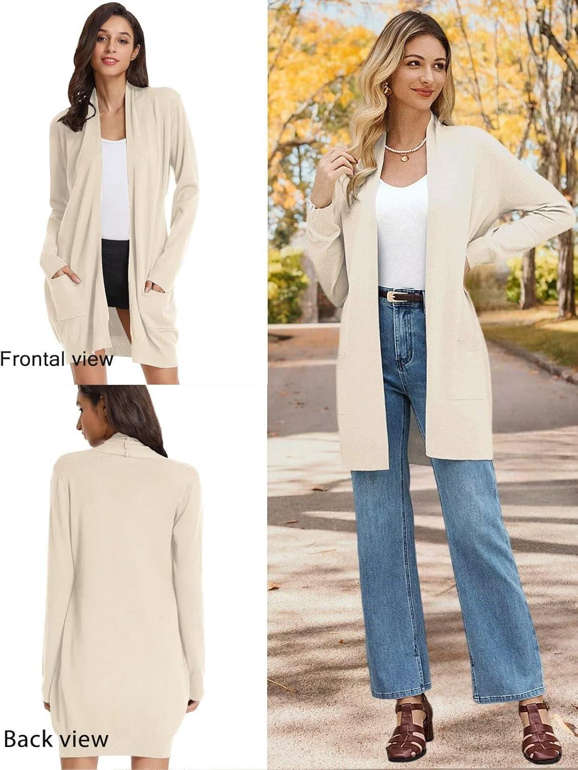 imageGRACE KARIN Womens Long Cardigan Sweater Open Front Classic Knitted Lightweight Sweater Coat with PocketsBeige