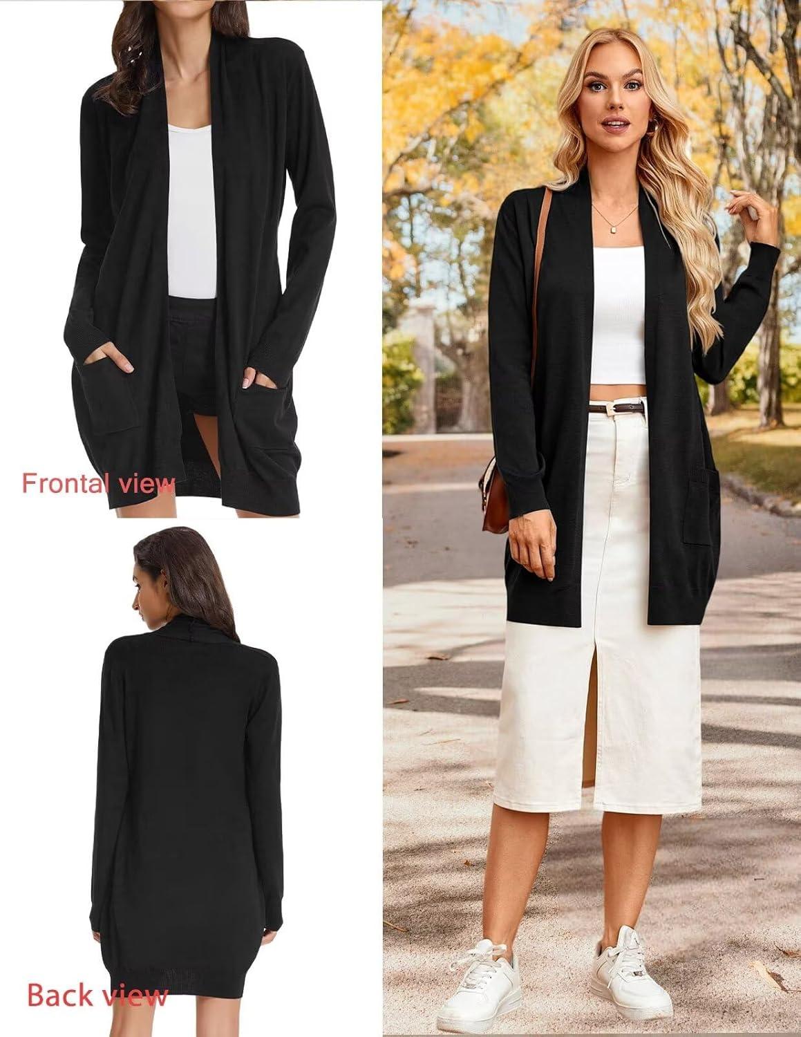imageGRACE KARIN Womens Long Cardigan Sweater Open Front Classic Knitted Lightweight Sweater Coat with PocketsBlack