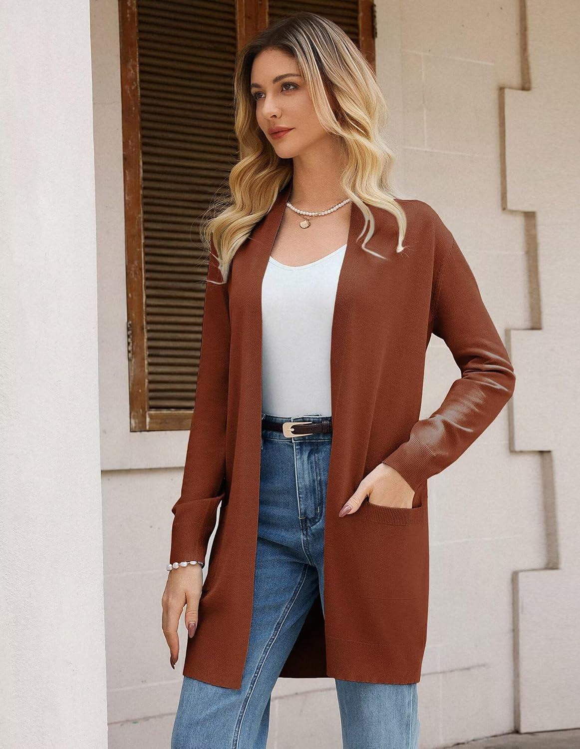 imageGRACE KARIN Womens Long Cardigan Sweater Open Front Classic Knitted Lightweight Sweater Coat with PocketsCaramel