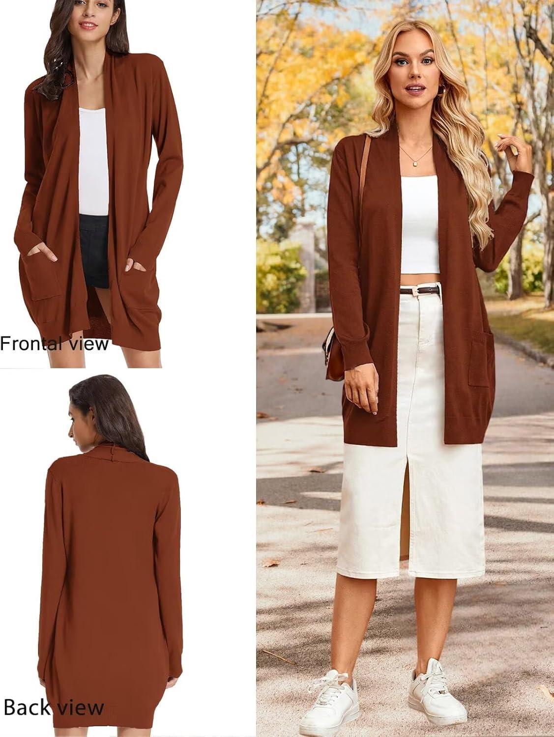 imageGRACE KARIN Womens Long Cardigan Sweater Open Front Classic Knitted Lightweight Sweater Coat with PocketsCaramel