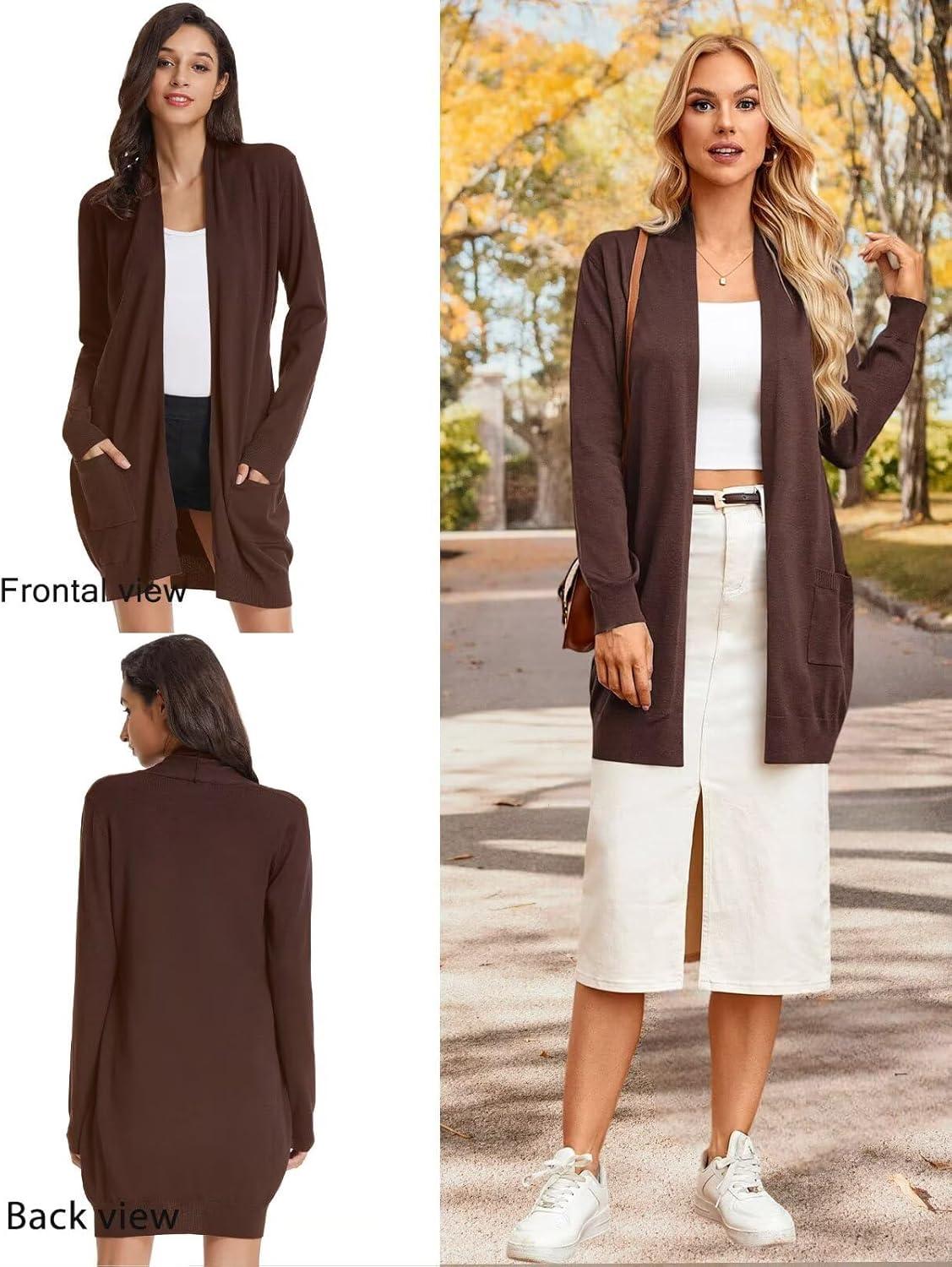 imageGRACE KARIN Womens Long Cardigan Sweater Open Front Classic Knitted Lightweight Sweater Coat with PocketsCoffee