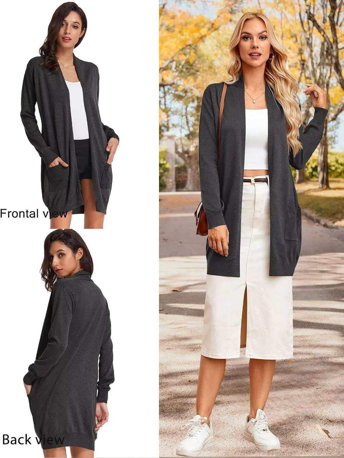 imageGRACE KARIN Womens Long Cardigan Sweater Open Front Classic Knitted Lightweight Sweater Coat with PocketsDeep Grey