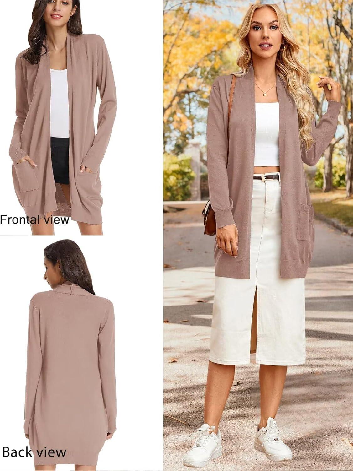 imageGRACE KARIN Womens Long Cardigan Sweater Open Front Classic Knitted Lightweight Sweater Coat with PocketsFawn