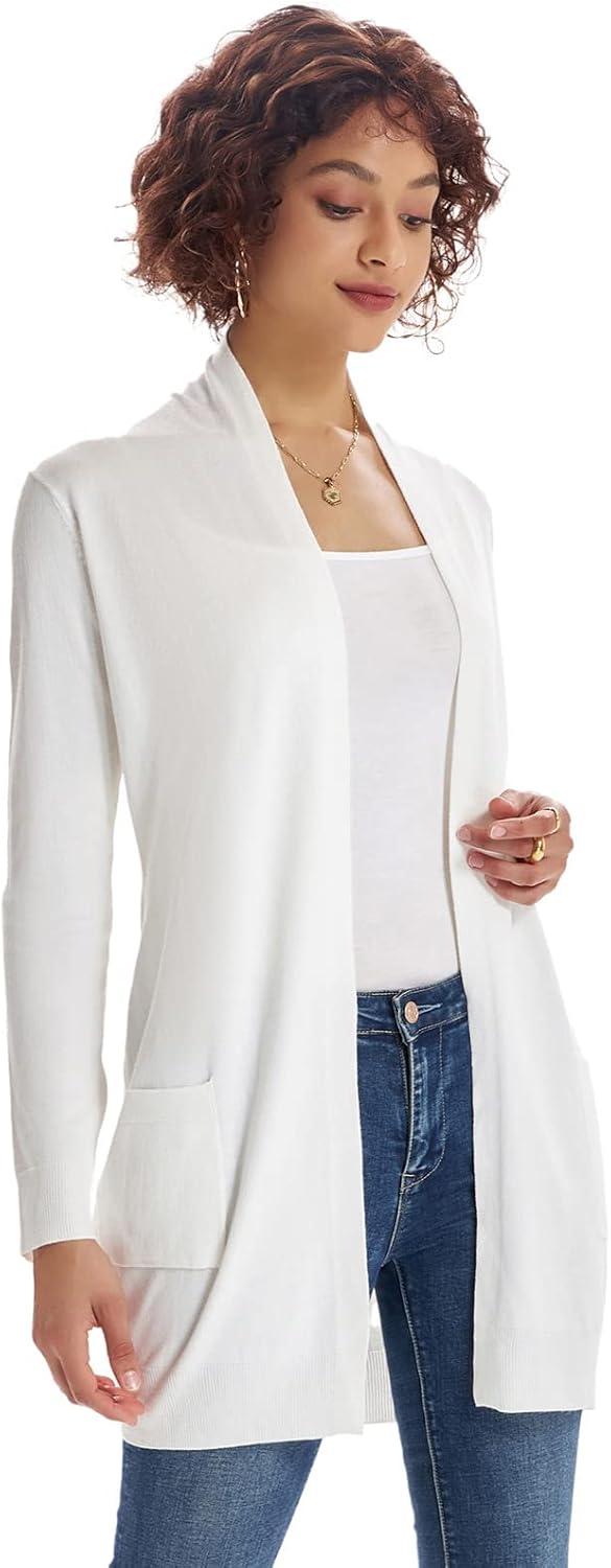 imageGRACE KARIN Womens Long Cardigan Sweater Open Front Classic Knitted Lightweight Sweater Coat with PocketsIvory