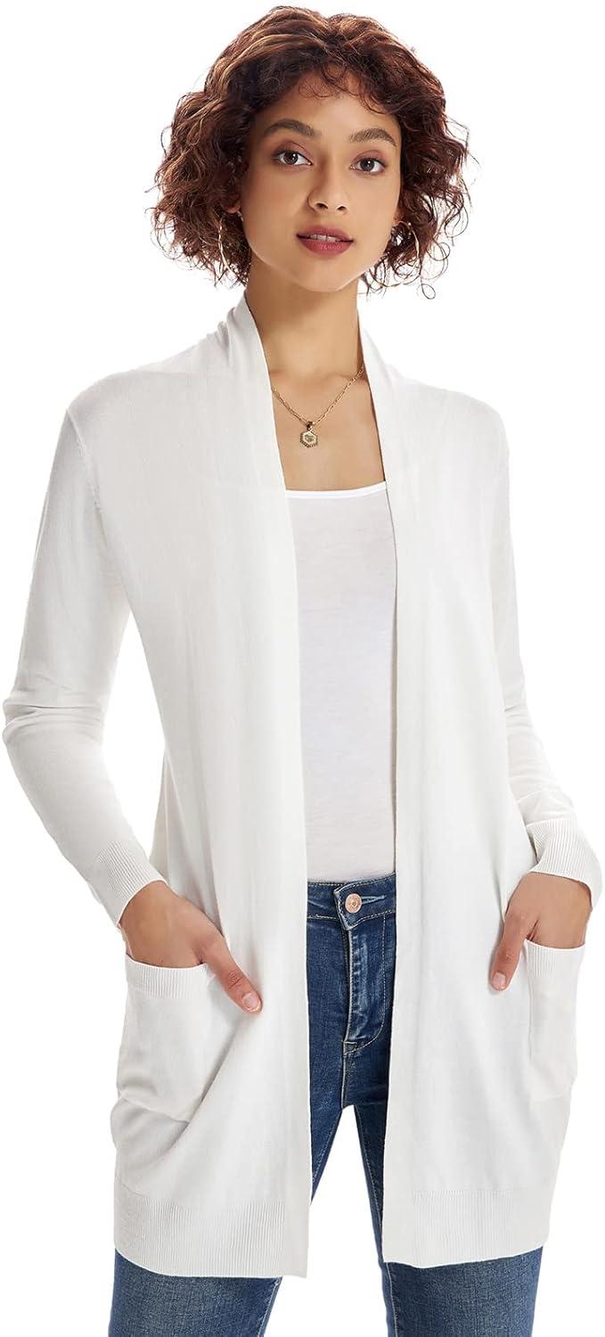 imageGRACE KARIN Womens Long Cardigan Sweater Open Front Classic Knitted Lightweight Sweater Coat with PocketsIvory
