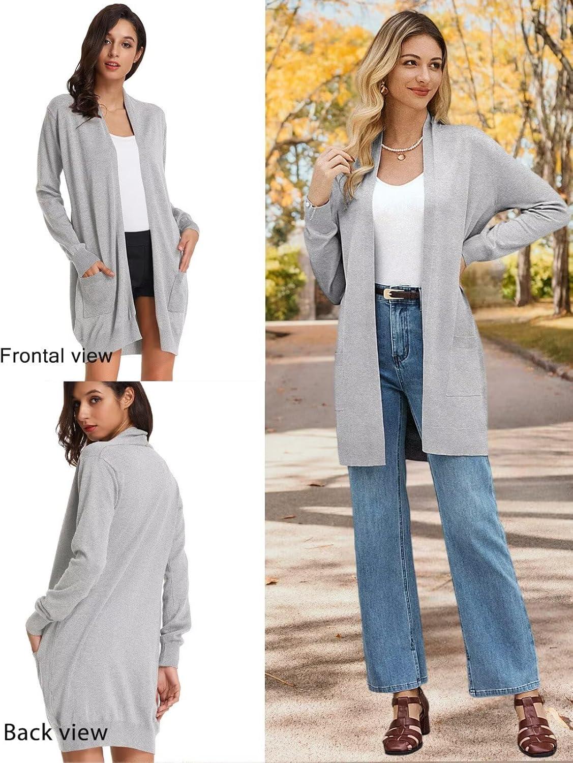 imageGRACE KARIN Womens Long Cardigan Sweater Open Front Classic Knitted Lightweight Sweater Coat with PocketsLight Grey