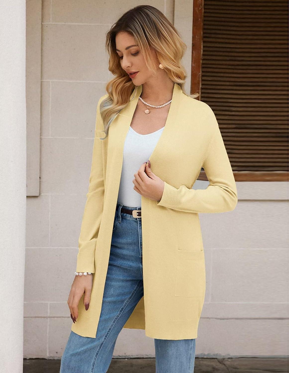 imageGRACE KARIN Womens Long Cardigan Sweater Open Front Classic Knitted Lightweight Sweater Coat with PocketsLight Yellow