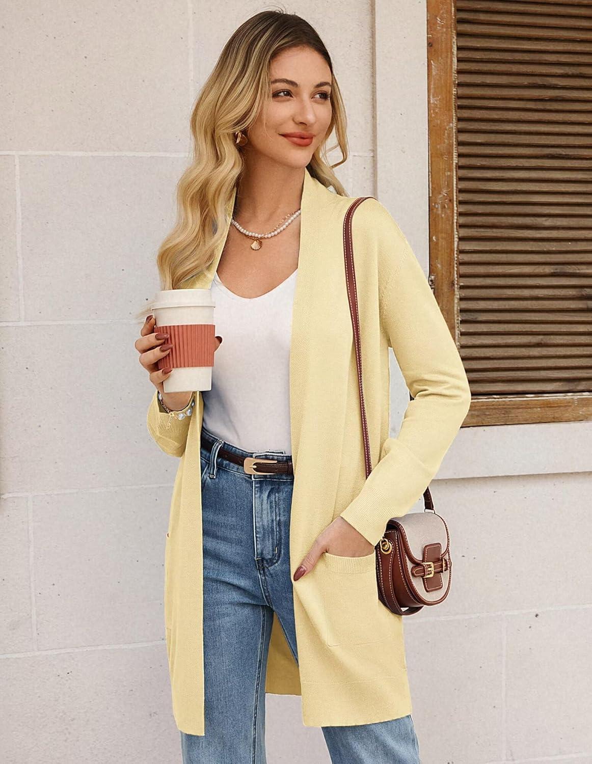 imageGRACE KARIN Womens Long Cardigan Sweater Open Front Classic Knitted Lightweight Sweater Coat with PocketsLight Yellow