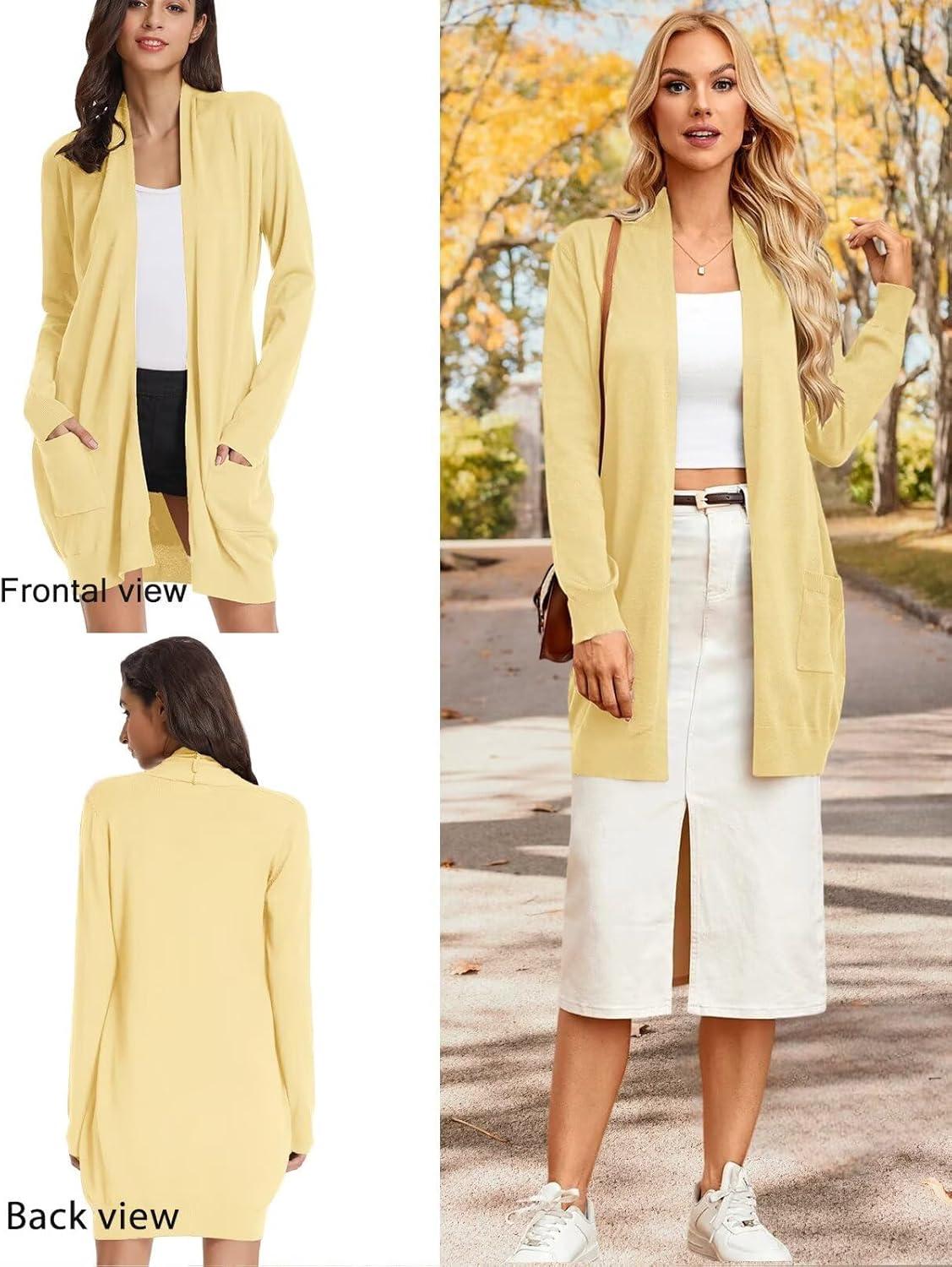 imageGRACE KARIN Womens Long Cardigan Sweater Open Front Classic Knitted Lightweight Sweater Coat with PocketsLight Yellow