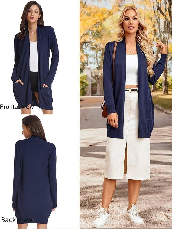 imageGRACE KARIN Womens Long Cardigan Sweater Open Front Classic Knitted Lightweight Sweater Coat with PocketsNavy Blue