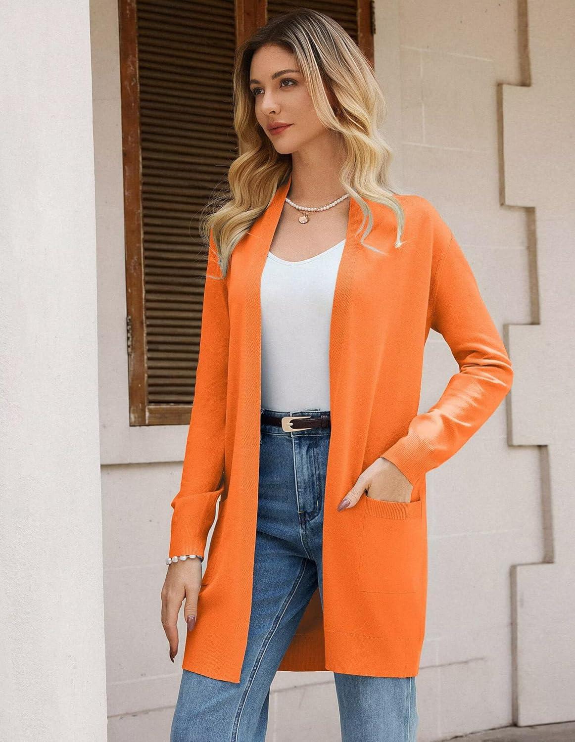 imageGRACE KARIN Womens Long Cardigan Sweater Open Front Classic Knitted Lightweight Sweater Coat with PocketsOrange