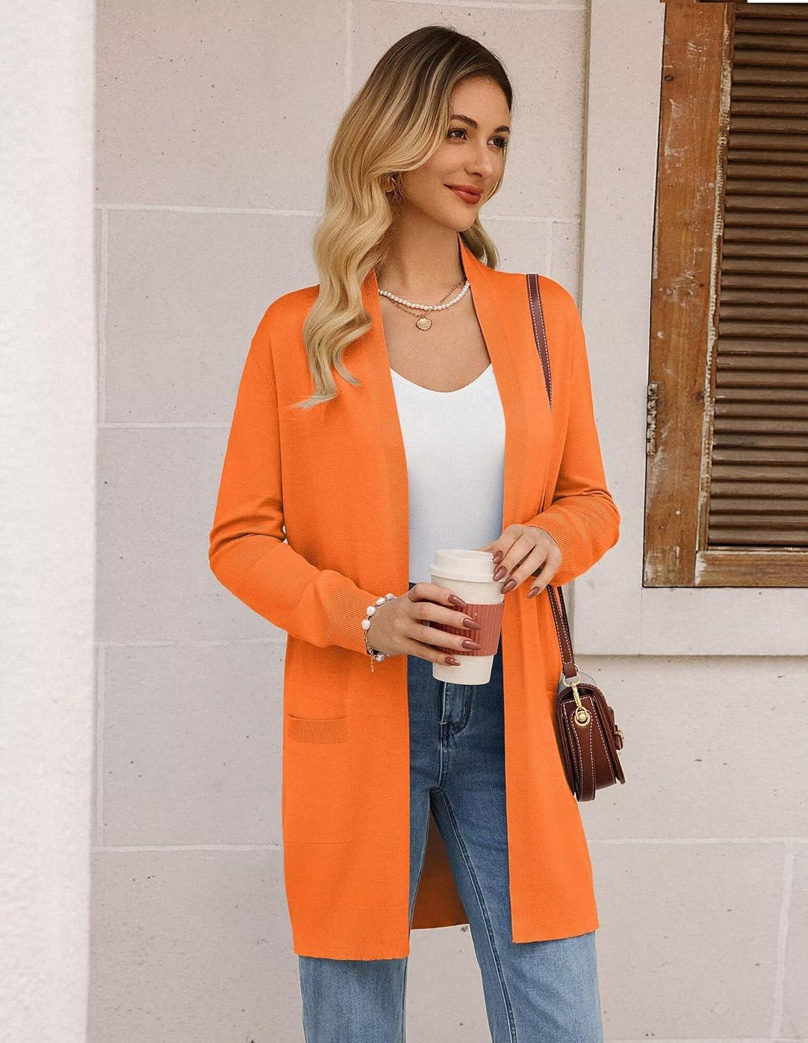 imageGRACE KARIN Womens Long Cardigan Sweater Open Front Classic Knitted Lightweight Sweater Coat with PocketsOrange